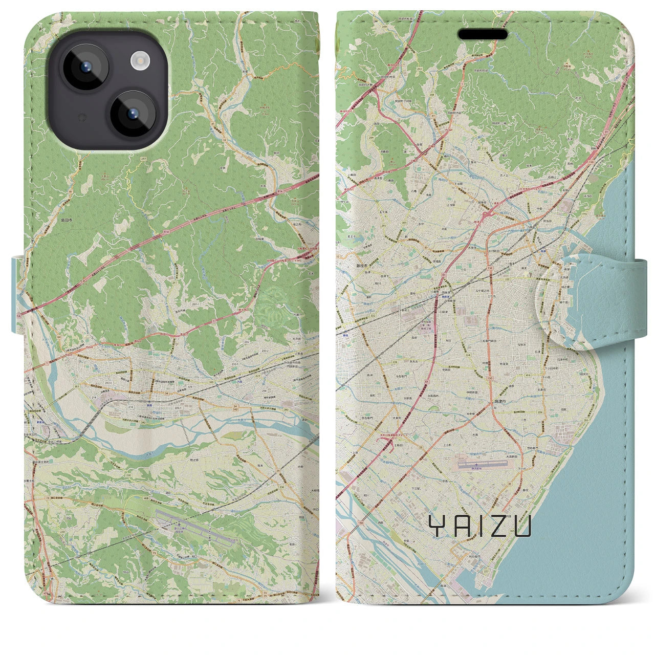 【焼津(静岡県)】地図柄iPhoneケース(手帳タイプ)ナチュラル・iPhone 14 Plus 用