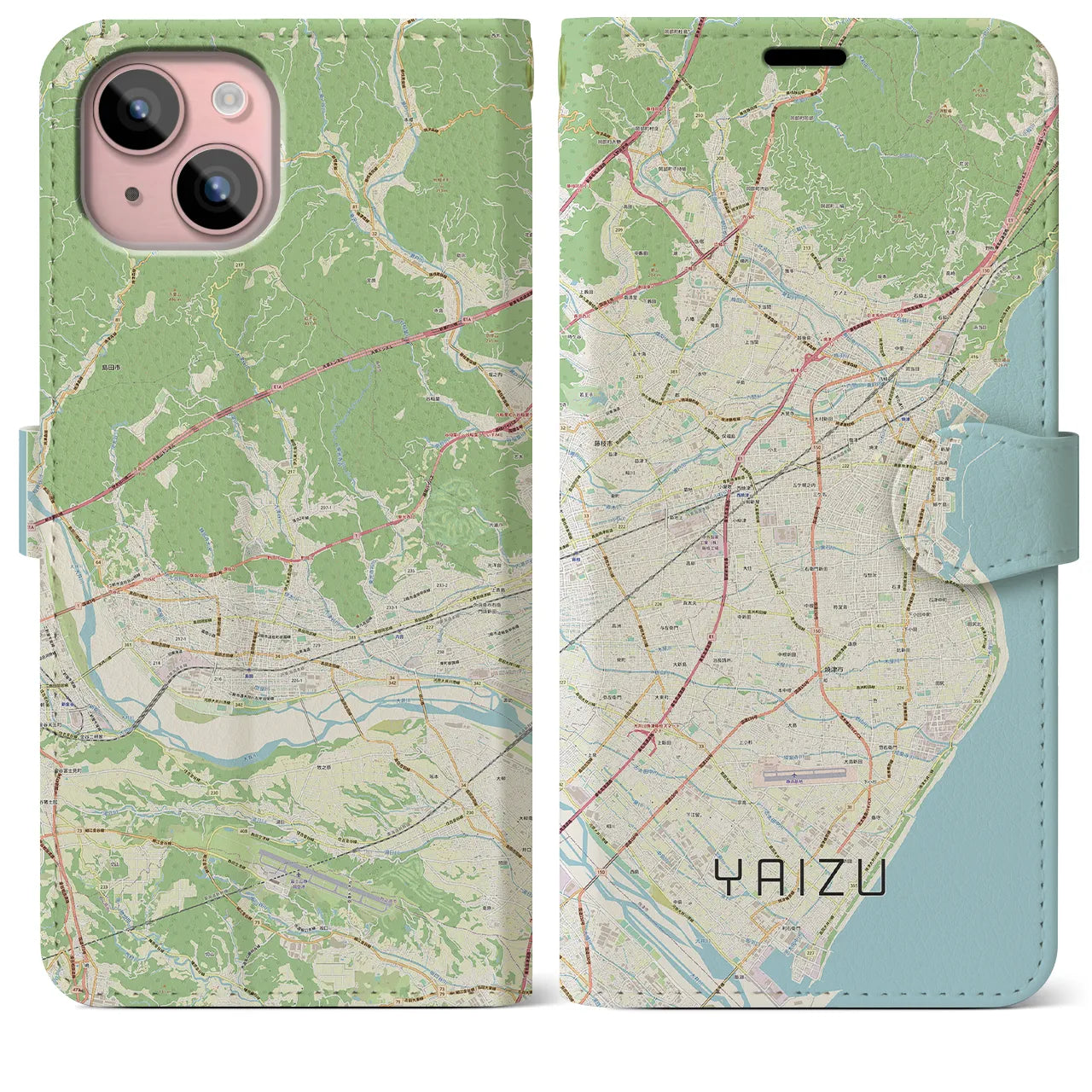 【焼津(静岡県)】地図柄iPhoneケース(手帳タイプ)ナチュラル・iPhone 15 Plus 用