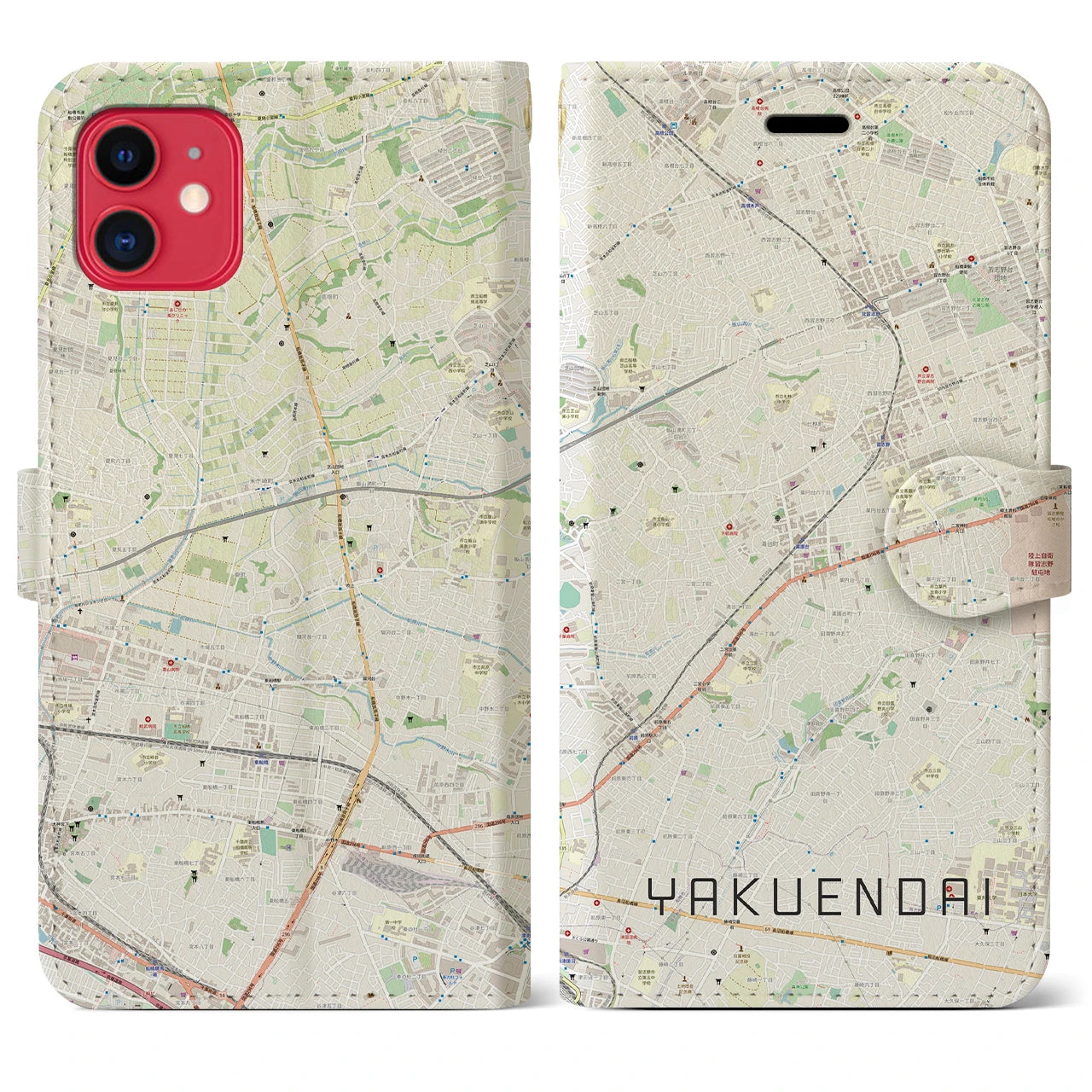 【薬園台(千葉県)】地図柄iPhoneケース(手帳タイプ)ナチュラル・iPhone 11 用