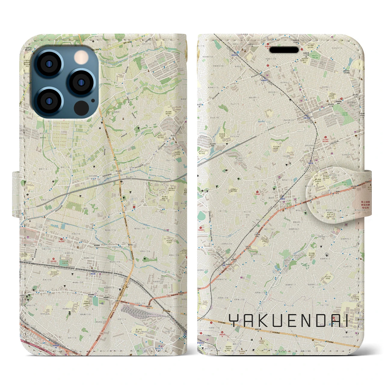 【薬園台(千葉県)】地図柄iPhoneケース(手帳タイプ)ナチュラル・iPhone 12 / 12 Pro 用