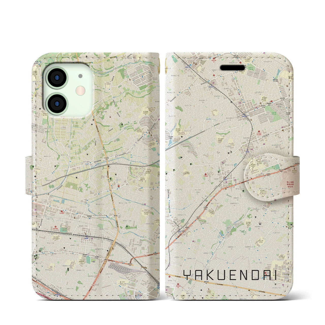 【薬園台(千葉県)】地図柄iPhoneケース(手帳タイプ)ナチュラル・iPhone 12 mini 用