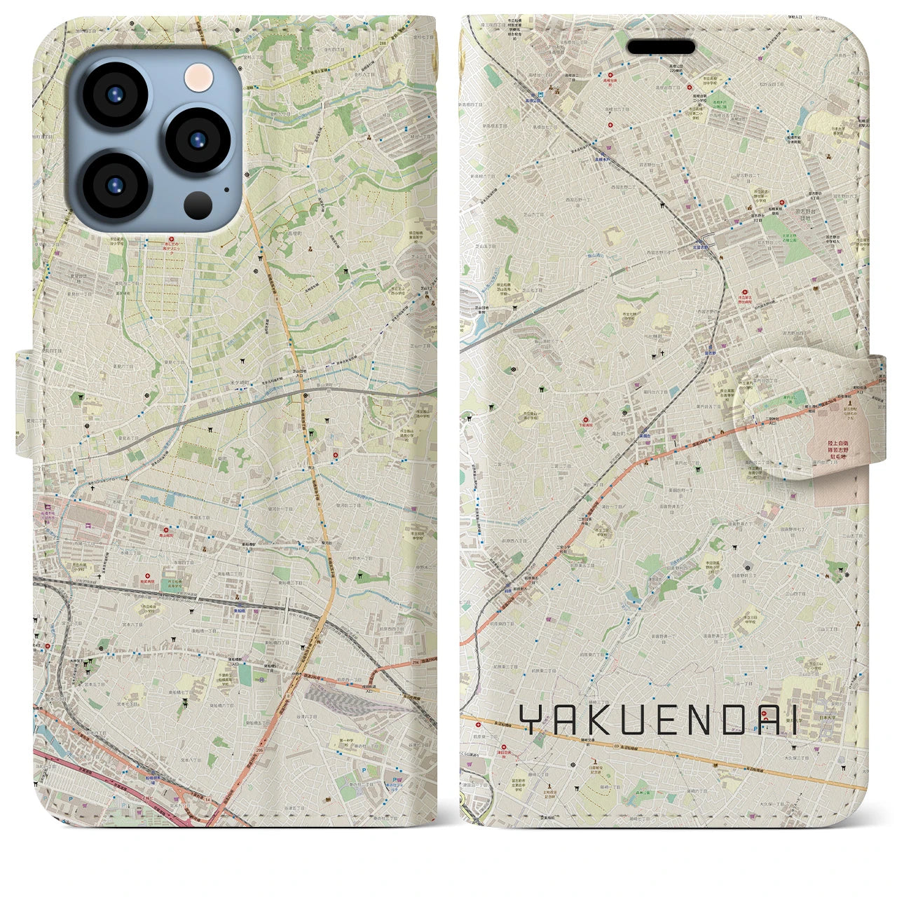 【薬園台(千葉県)】地図柄iPhoneケース(手帳タイプ)ナチュラル・iPhone 13 Pro Max 用