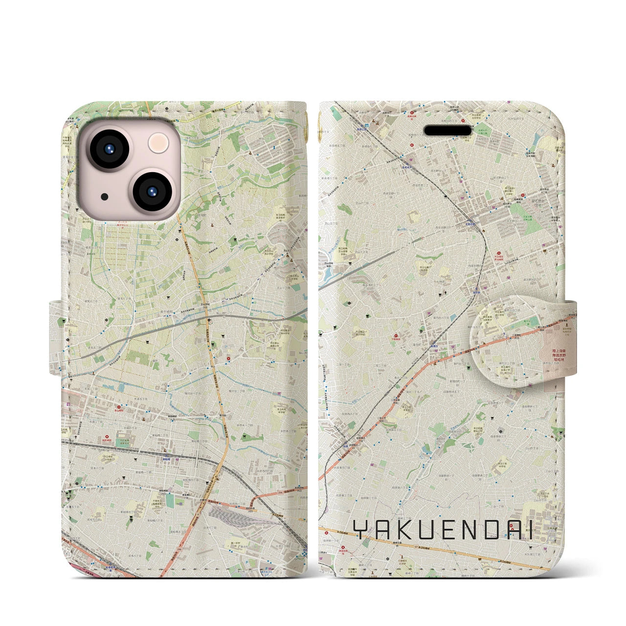 【薬園台(千葉県)】地図柄iPhoneケース(手帳タイプ)ナチュラル・iPhone 13 mini 用