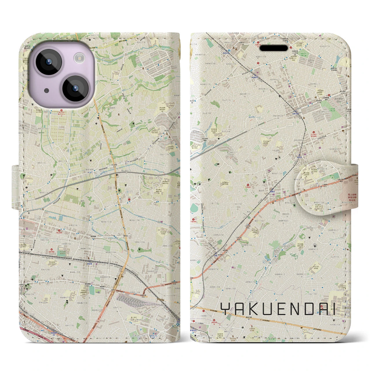 【薬園台(千葉県)】地図柄iPhoneケース(手帳タイプ)ナチュラル・iPhone 14 用