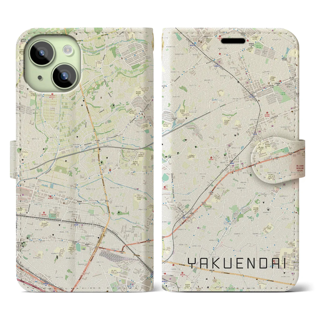 【薬園台(千葉県)】地図柄iPhoneケース(手帳タイプ)ナチュラル・iPhone 15 用