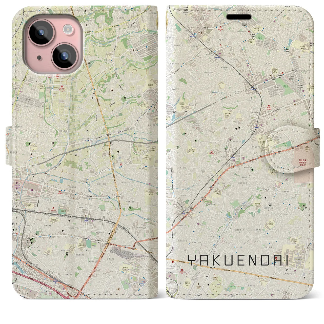 【薬園台(千葉県)】地図柄iPhoneケース(手帳タイプ)ナチュラル・iPhone 15 Plus 用