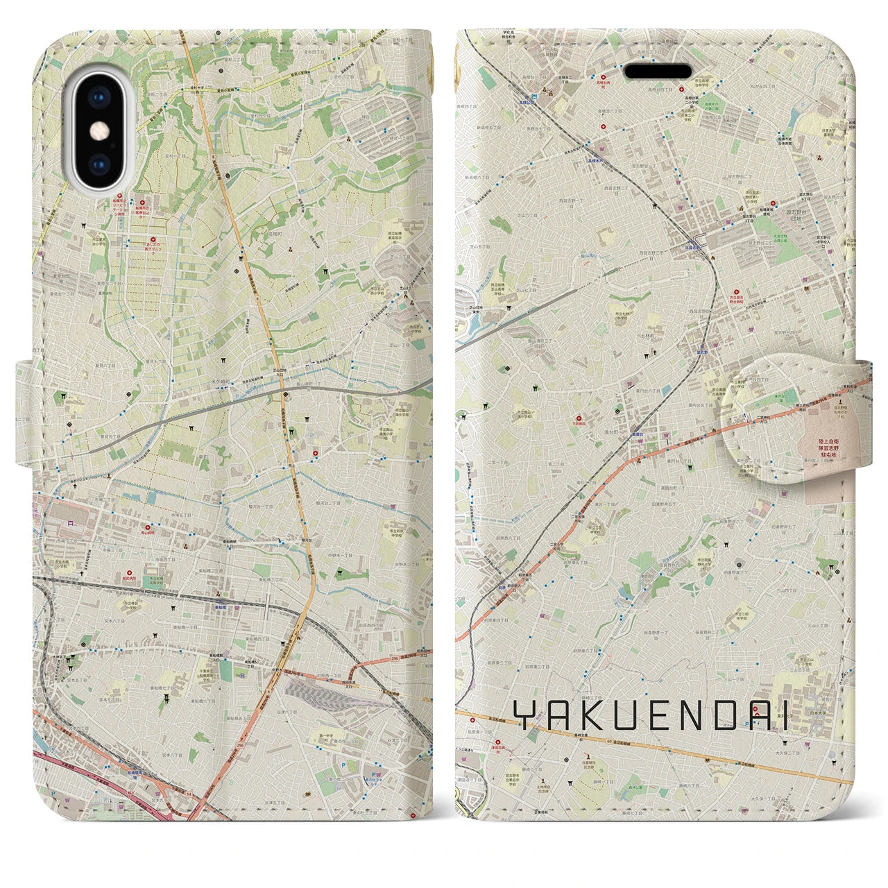 【薬園台(千葉県)】地図柄iPhoneケース(手帳タイプ)ナチュラル・iPhone XS Max 用