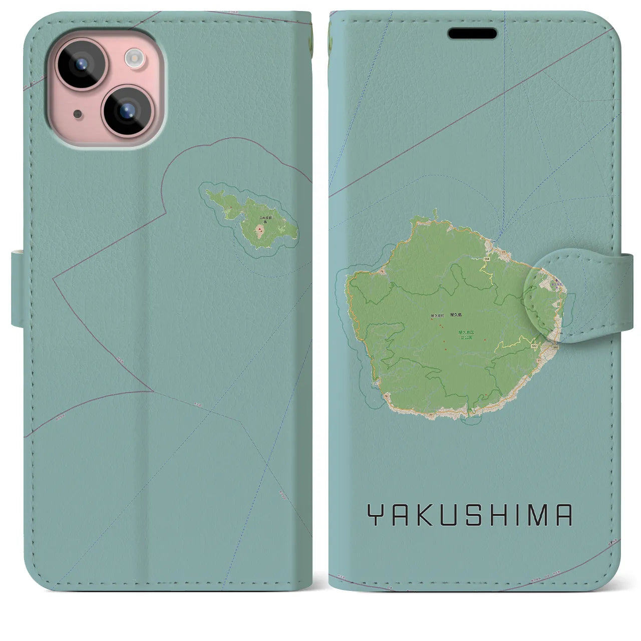 【屋久島(鹿児島県)】地図柄iPhoneケース(手帳タイプ)ナチュラル・iPhone 15 Plus 用