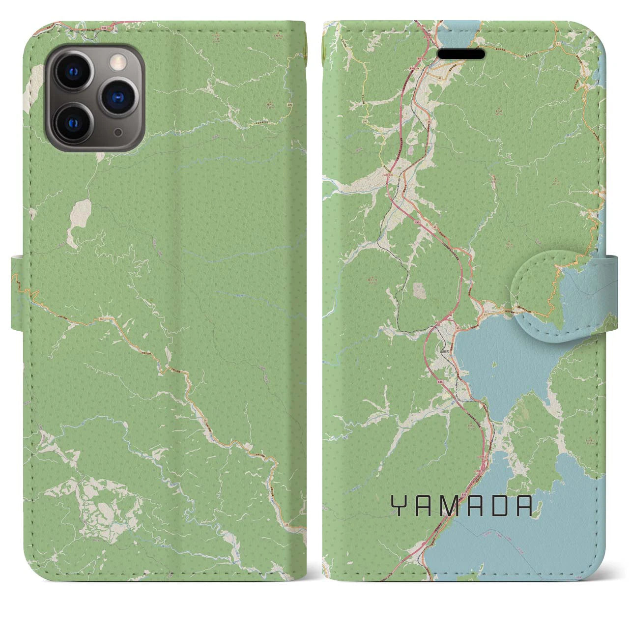 【山田(岩手県)】地図柄iPhoneケース(手帳タイプ)ナチュラル・iPhone 11 Pro Max 用