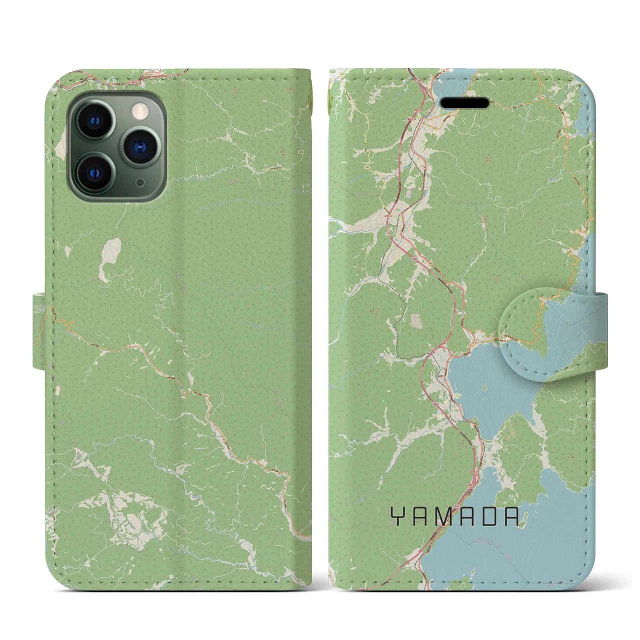 【山田(岩手県)】地図柄iPhoneケース(手帳タイプ)ナチュラル・iPhone 11 Pro 用