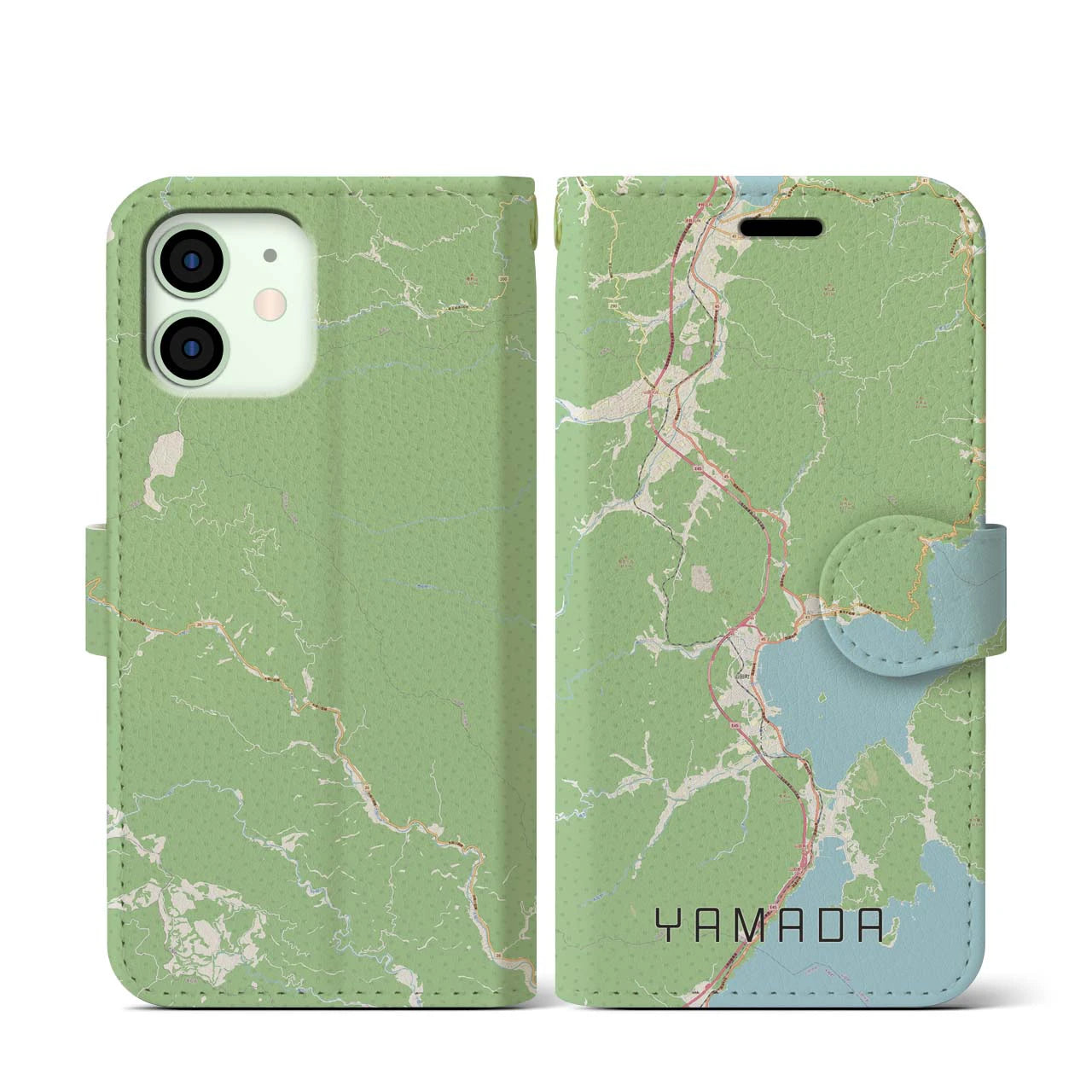 【山田(岩手県)】地図柄iPhoneケース(手帳タイプ)ナチュラル・iPhone 12 mini 用