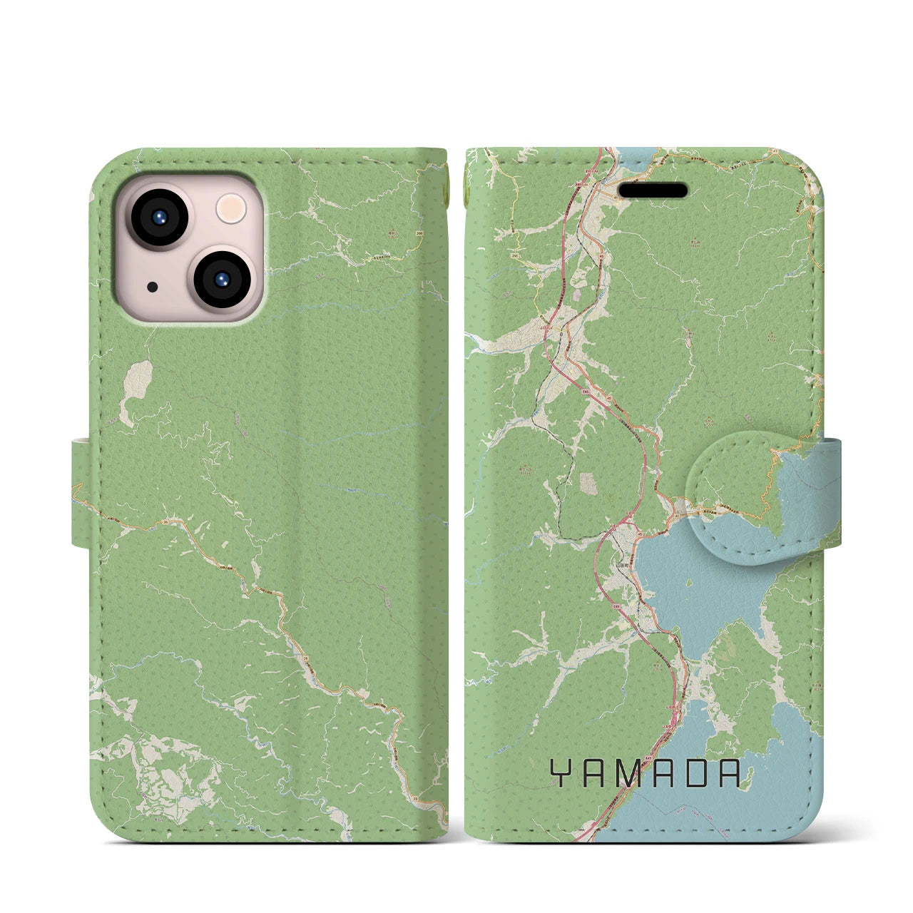 【山田(岩手県)】地図柄iPhoneケース(手帳タイプ)ナチュラル・iPhone 13 mini 用