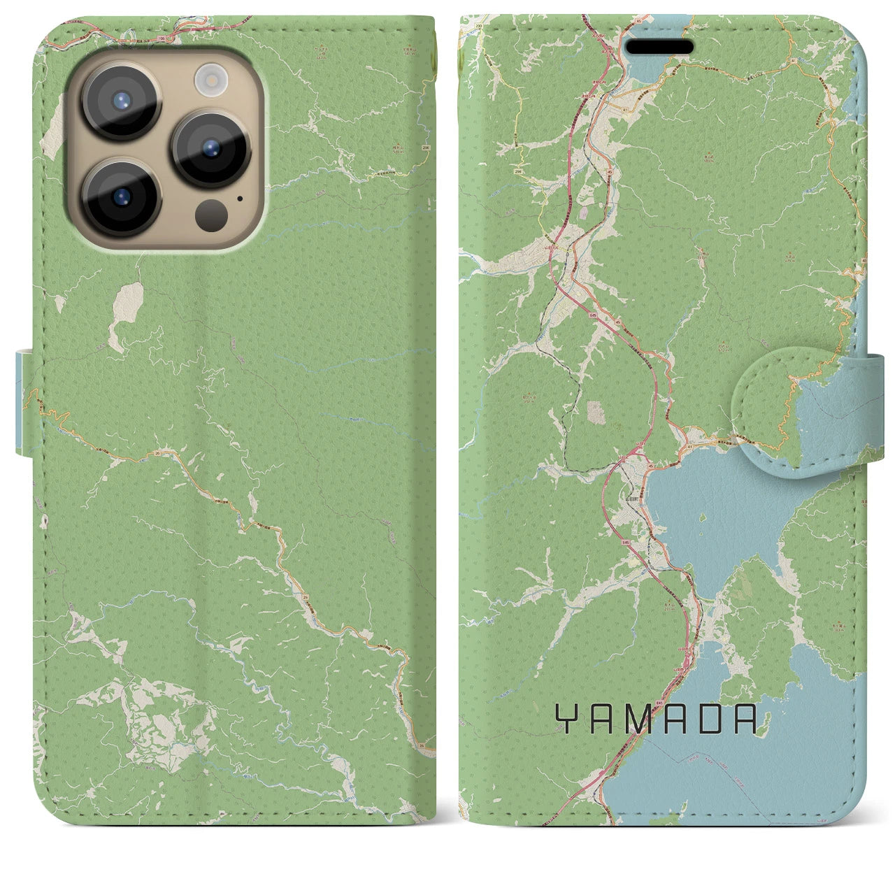 【山田(岩手県)】地図柄iPhoneケース(手帳タイプ)ナチュラル・iPhone 14 Pro Max 用