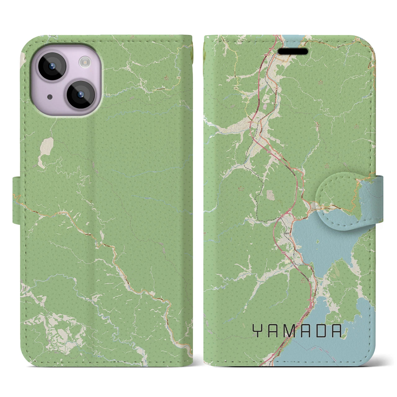 【山田(岩手県)】地図柄iPhoneケース(手帳タイプ)ナチュラル・iPhone 14 用