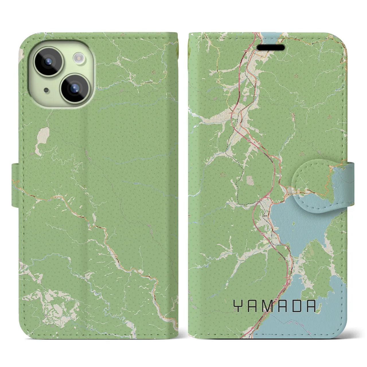 【山田(岩手県)】地図柄iPhoneケース(手帳タイプ)ナチュラル・iPhone 15 用