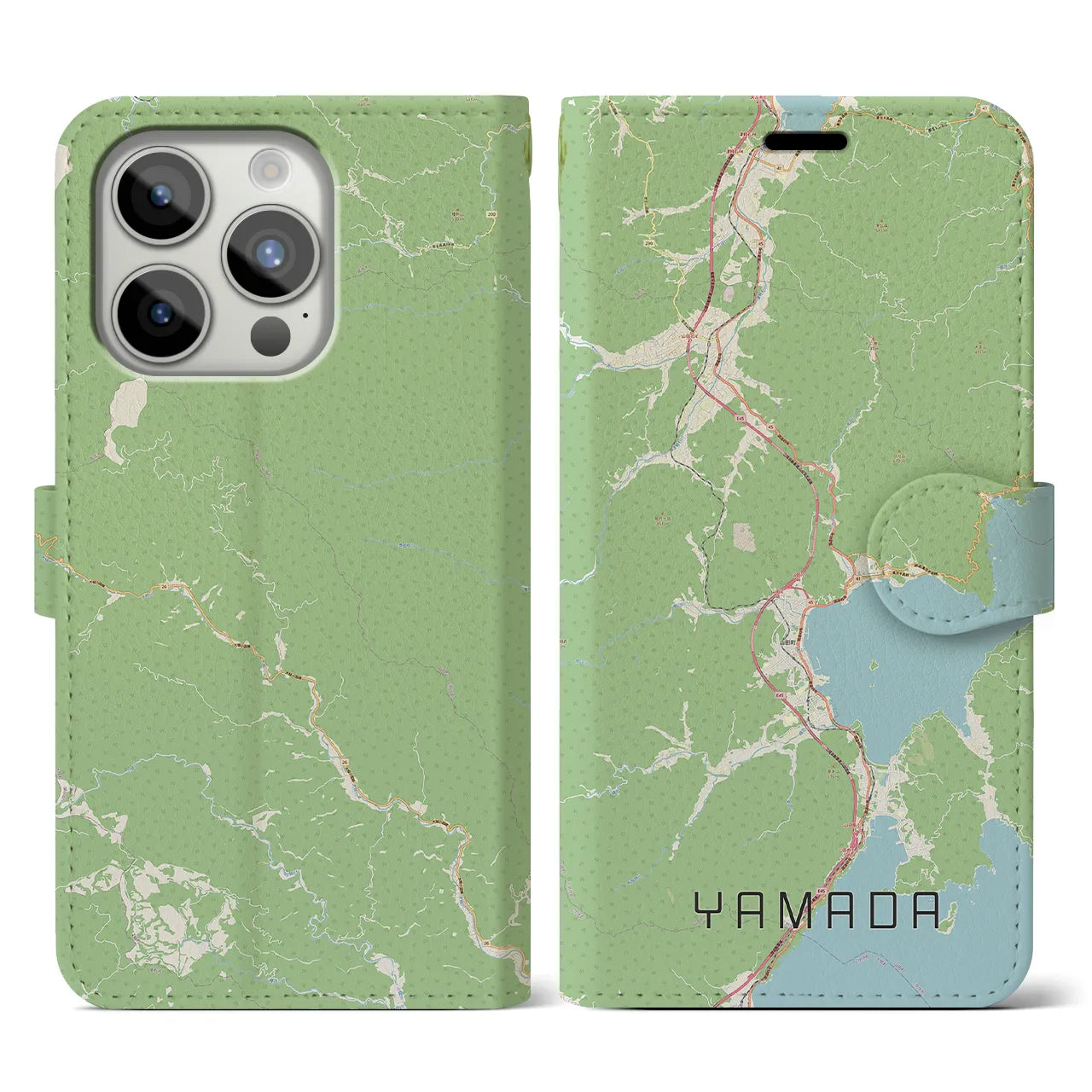 【山田(岩手県)】地図柄iPhoneケース(手帳タイプ)ナチュラル・iPhone 15 Pro 用