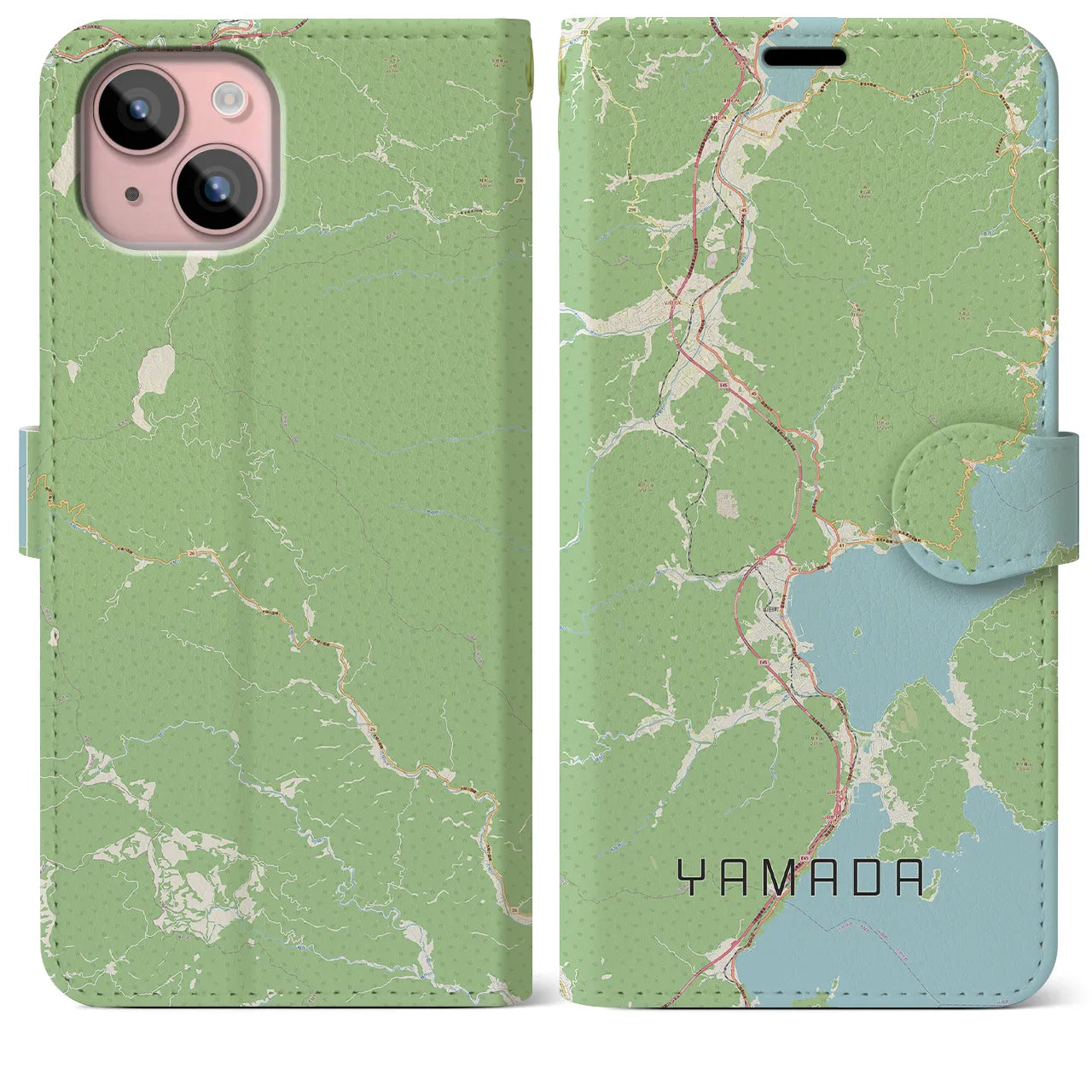 【山田(岩手県)】地図柄iPhoneケース(手帳タイプ)ナチュラル・iPhone 15 Plus 用