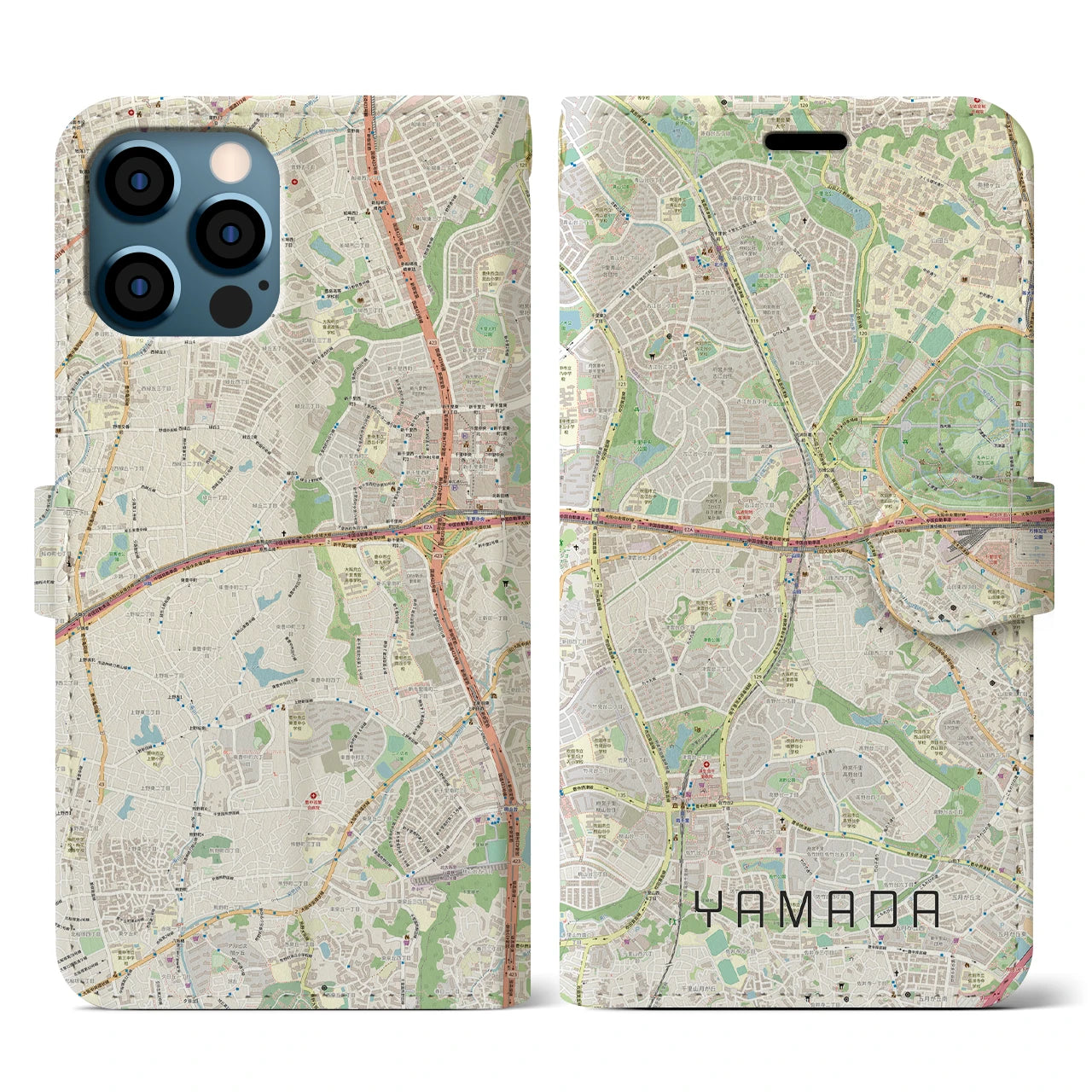 【山田(大阪府)】地図柄iPhoneケース(手帳タイプ)ナチュラル・iPhone 12 / 12 Pro 用