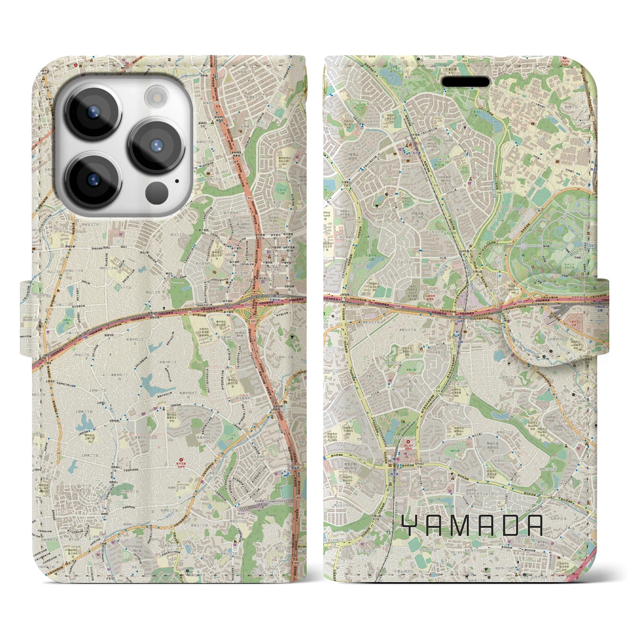 【山田(大阪府)】地図柄iPhoneケース(手帳タイプ)ナチュラル・iPhone 14 Pro 用