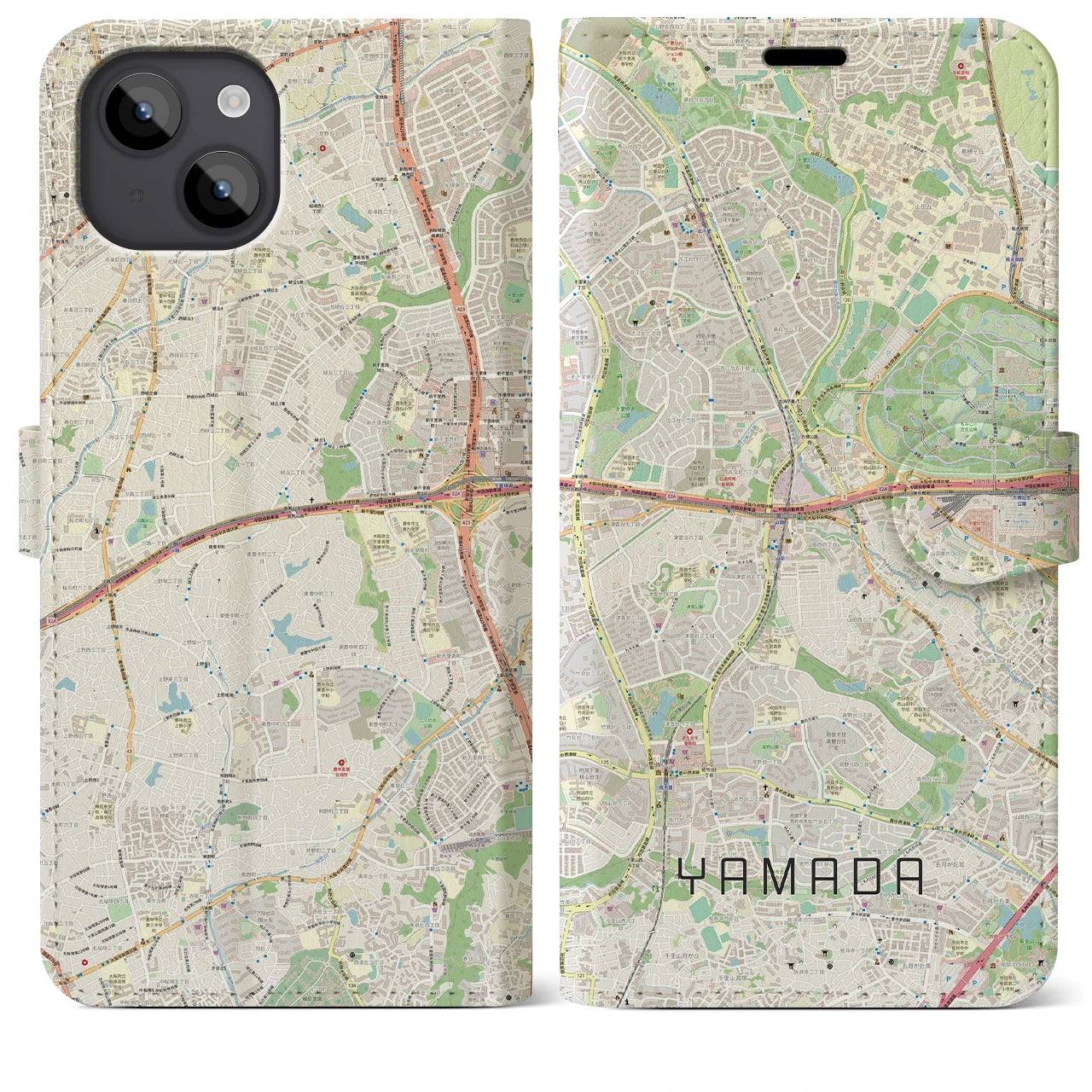 【山田(大阪府)】地図柄iPhoneケース(手帳タイプ)ナチュラル・iPhone 14 Plus 用