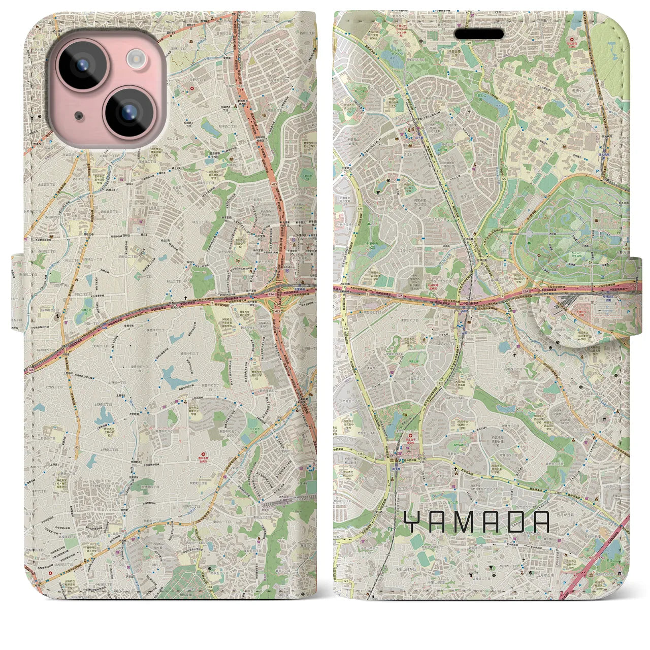 【山田(大阪府)】地図柄iPhoneケース(手帳タイプ)ナチュラル・iPhone 15 Plus 用