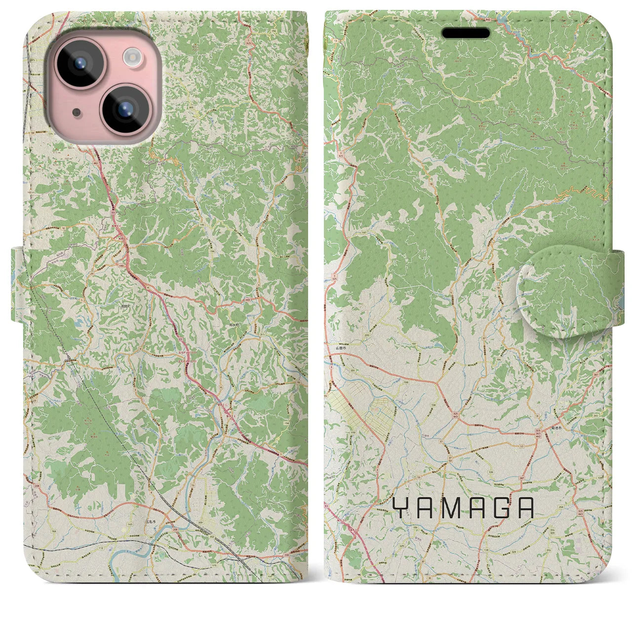 【山鹿(熊本県)】地図柄iPhoneケース(手帳タイプ)ナチュラル・iPhone 15 Plus 用