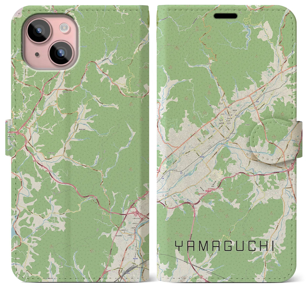 【山口(山口県)】地図柄iPhoneケース(手帳タイプ)ナチュラル・iPhone 15 Plus 用