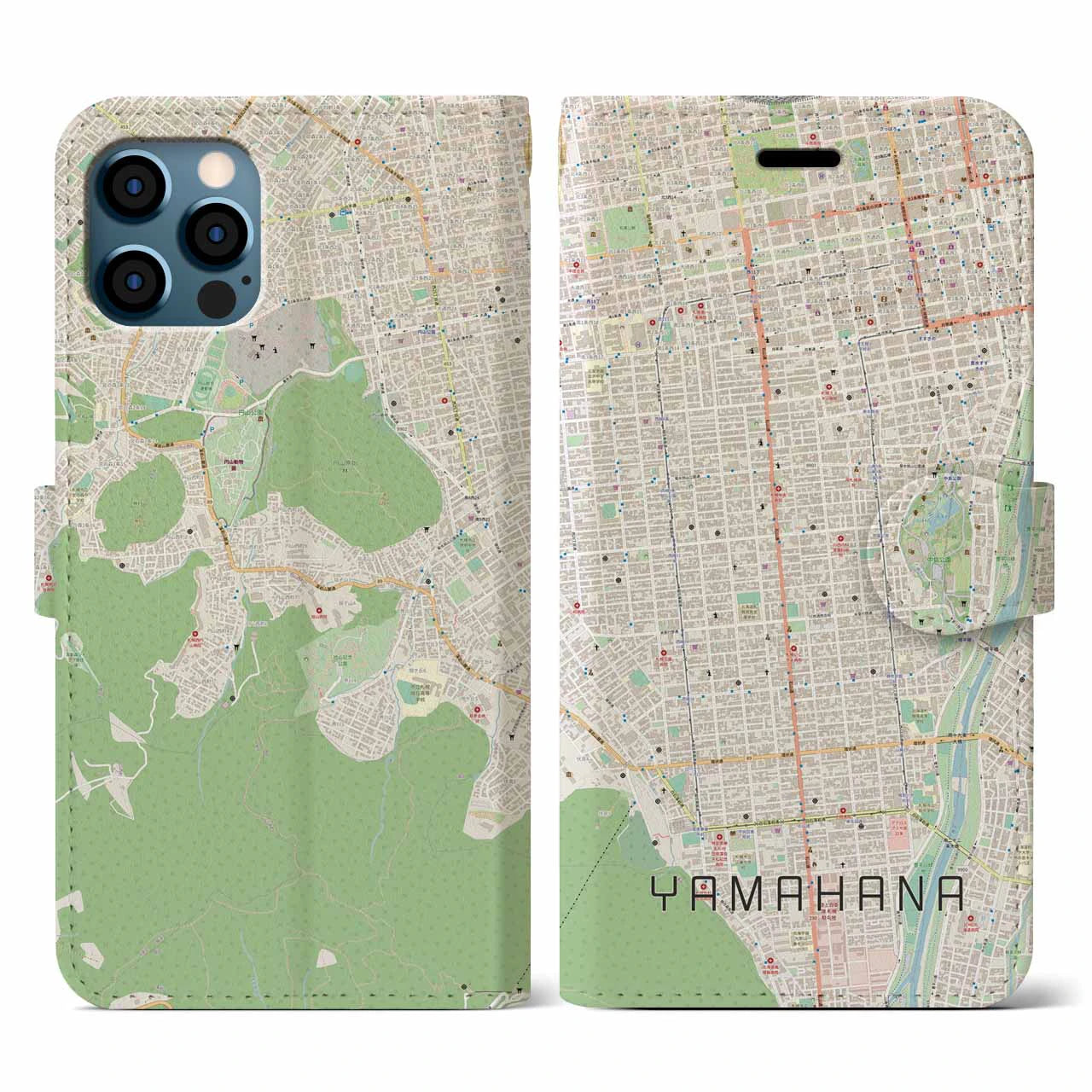 【山鼻(北海道)】地図柄iPhoneケース(手帳タイプ)ナチュラル・iPhone 12 / 12 Pro 用