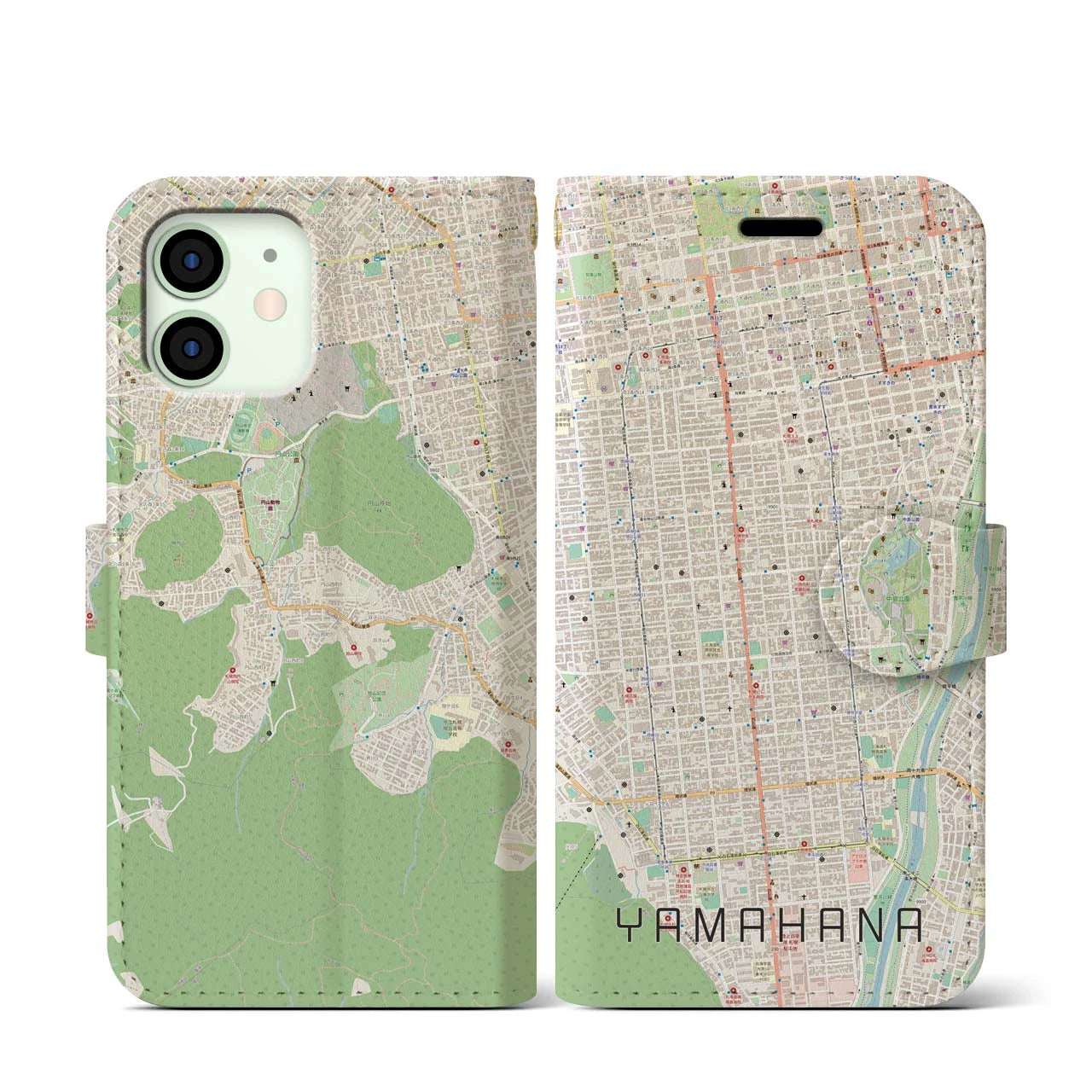 【山鼻(北海道)】地図柄iPhoneケース(手帳タイプ)ナチュラル・iPhone 12 mini 用