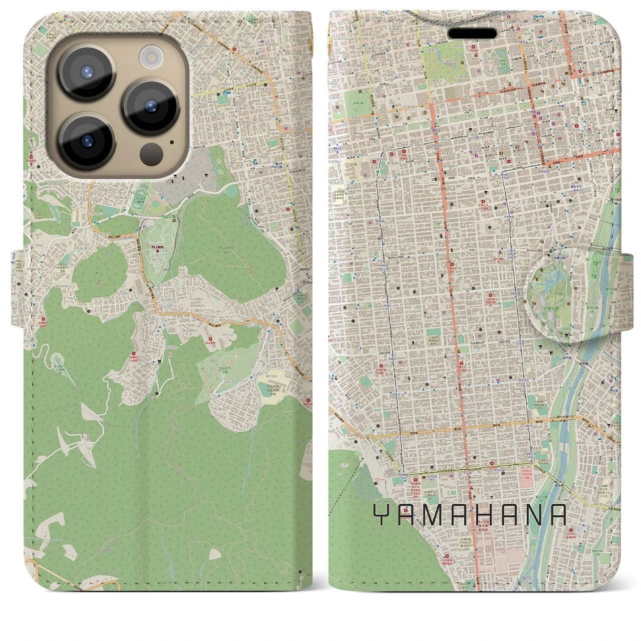 【山鼻(北海道)】地図柄iPhoneケース(手帳タイプ)ナチュラル・iPhone 14 Pro Max 用