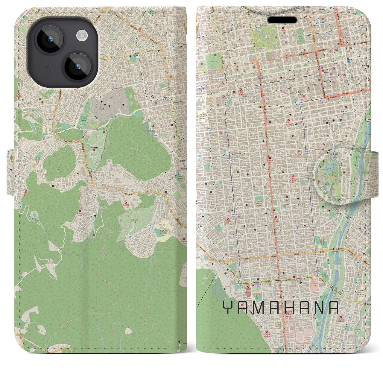 【山鼻(北海道)】地図柄iPhoneケース(手帳タイプ)ナチュラル・iPhone 14 Plus 用