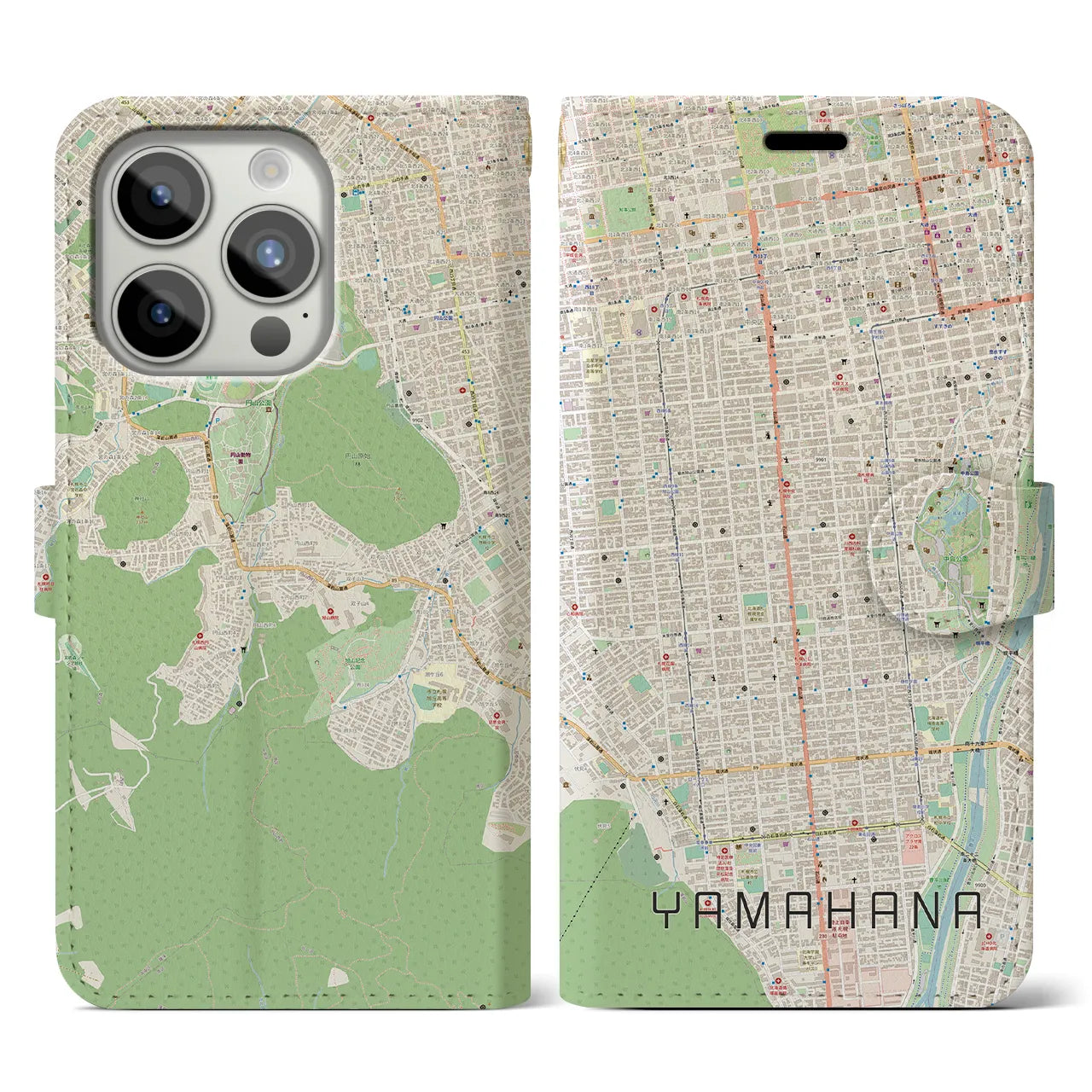 【山鼻(北海道)】地図柄iPhoneケース(手帳タイプ)ナチュラル・iPhone 15 Pro 用