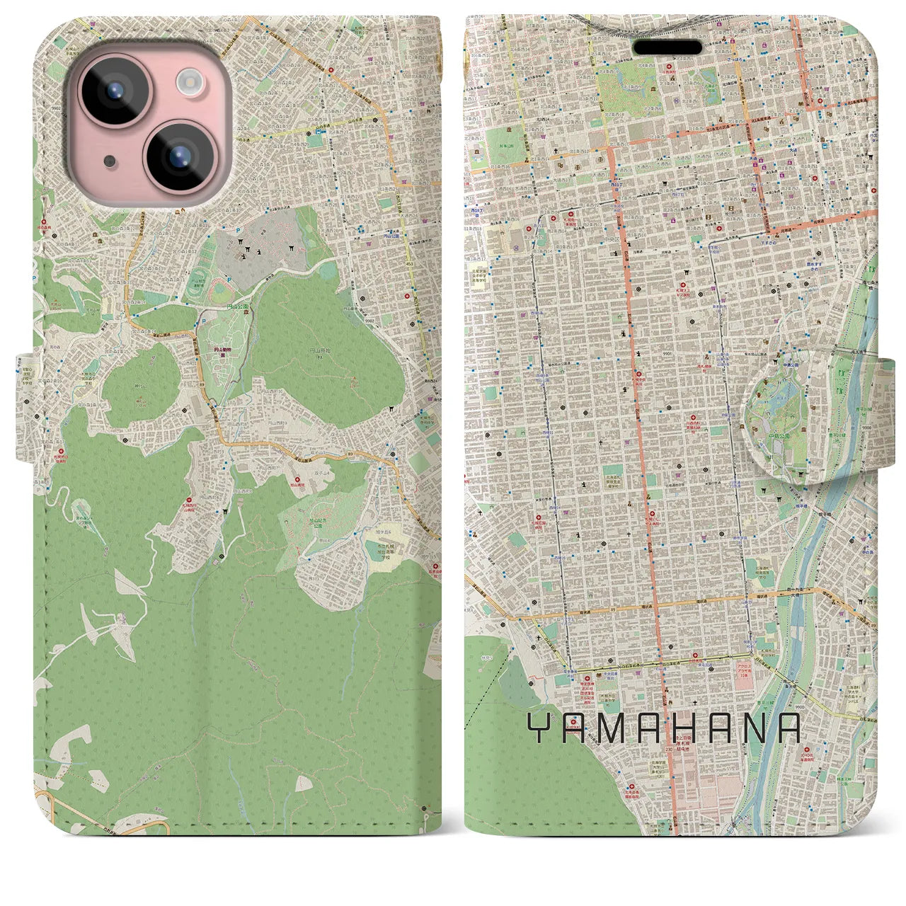 【山鼻(北海道)】地図柄iPhoneケース(手帳タイプ)ナチュラル・iPhone 15 Plus 用