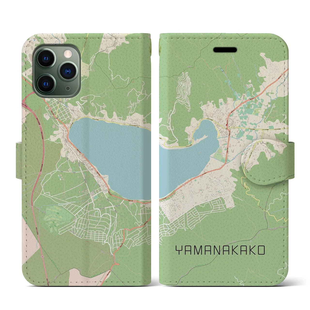 【山中湖(山梨県)】地図柄iPhoneケース(手帳タイプ)ナチュラル・iPhone 11 Pro 用
