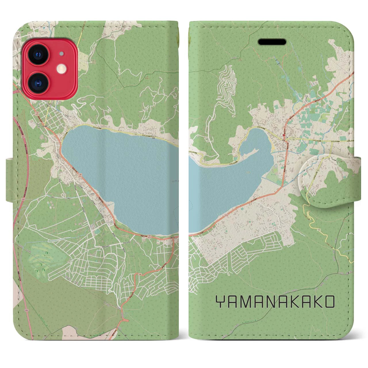 【山中湖(山梨県)】地図柄iPhoneケース(手帳タイプ)ナチュラル・iPhone 11 用