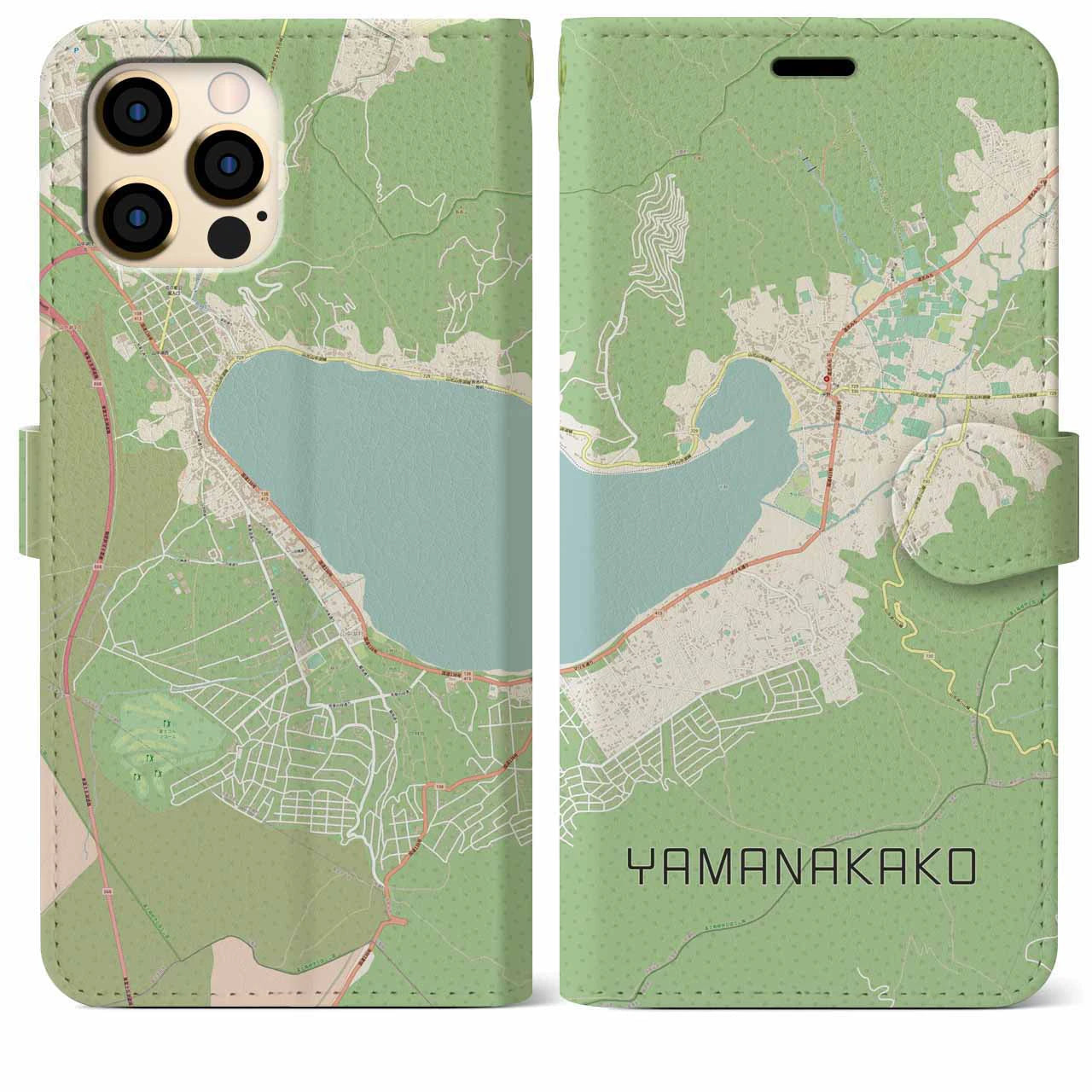 【山中湖(山梨県)】地図柄iPhoneケース(手帳タイプ)ナチュラル・iPhone 12 Pro Max 用