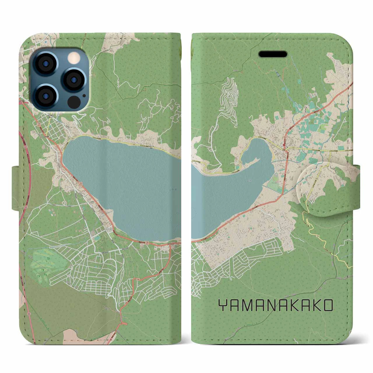 【山中湖(山梨県)】地図柄iPhoneケース(手帳タイプ)ナチュラル・iPhone 12 / 12 Pro 用