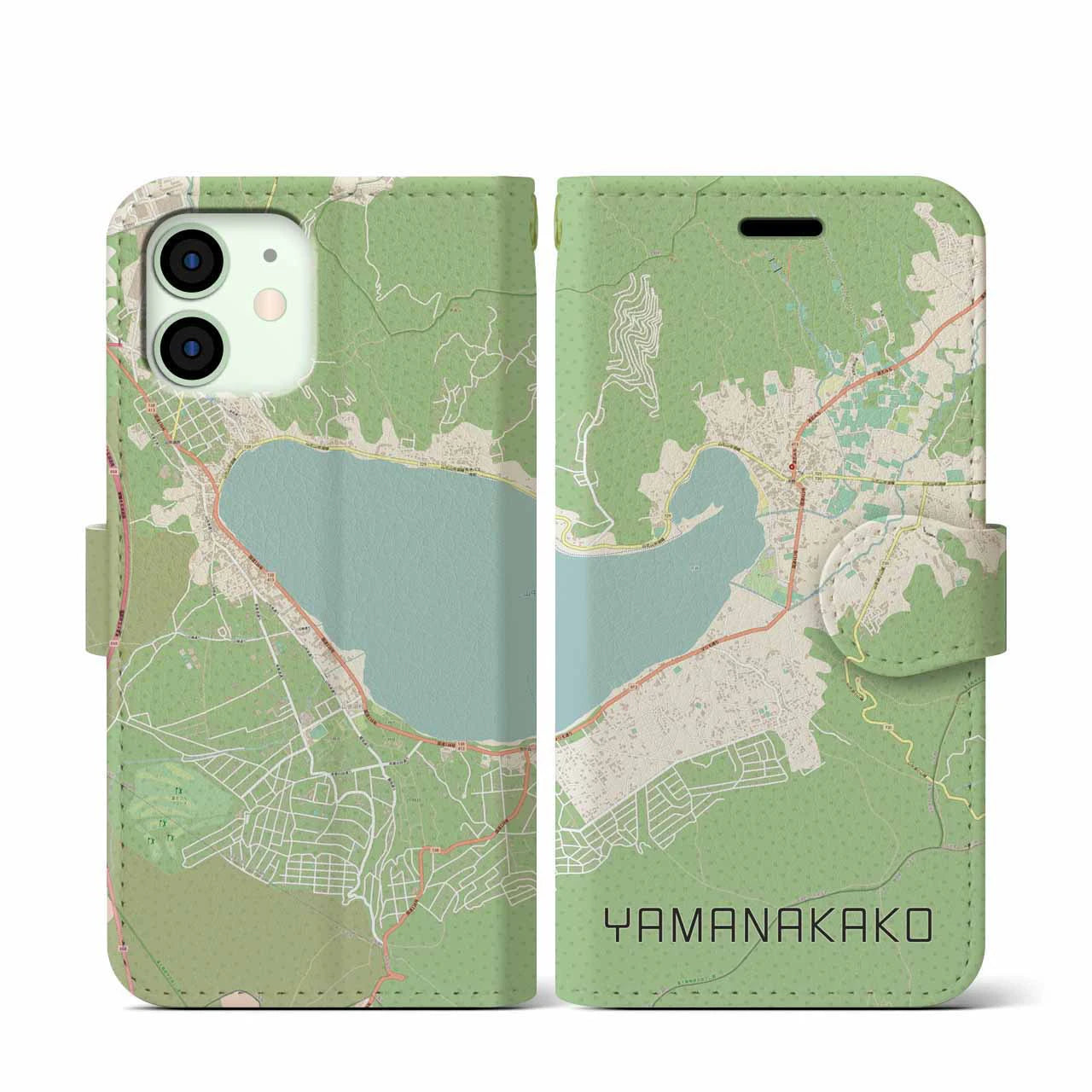【山中湖(山梨県)】地図柄iPhoneケース(手帳タイプ)ナチュラル・iPhone 12 mini 用