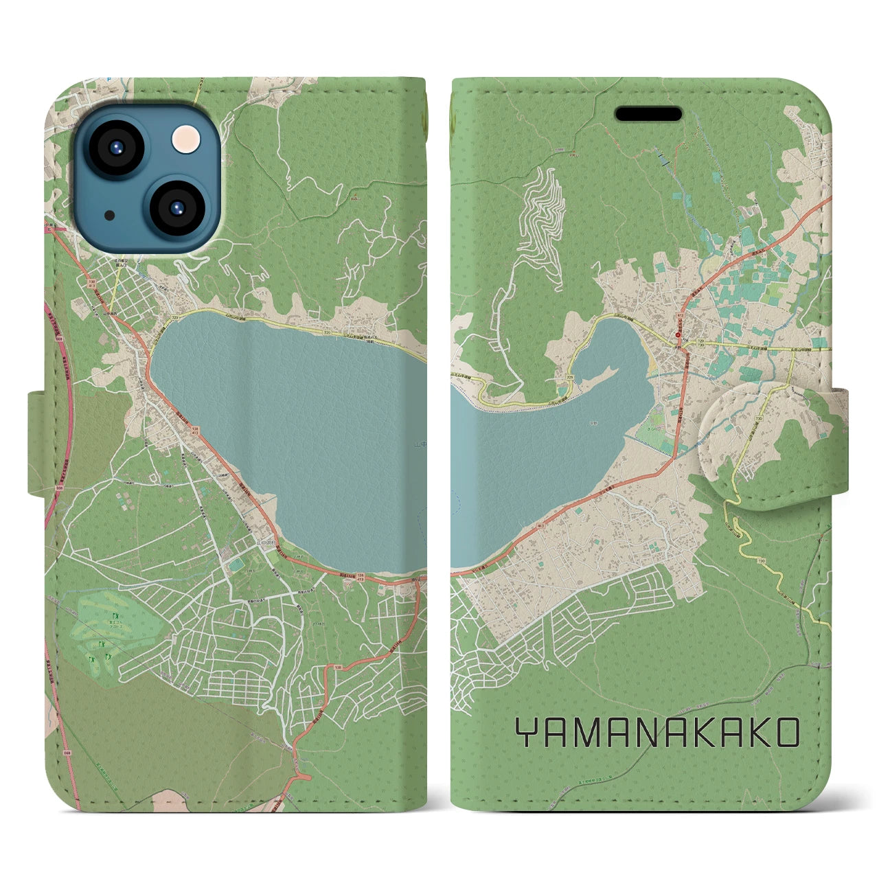 【山中湖(山梨県)】地図柄iPhoneケース(手帳タイプ)ナチュラル・iPhone 13 Pro 用