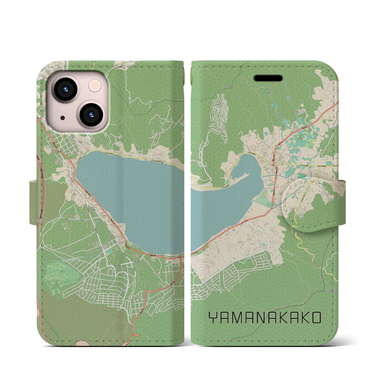 【山中湖(山梨県)】地図柄iPhoneケース(手帳タイプ)ナチュラル・iPhone 13 mini 用