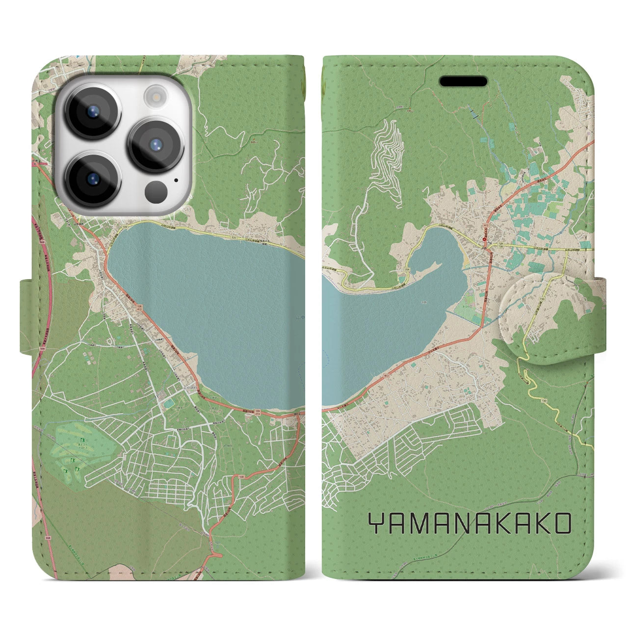 【山中湖(山梨県)】地図柄iPhoneケース(手帳タイプ)ナチュラル・iPhone 14 Pro 用