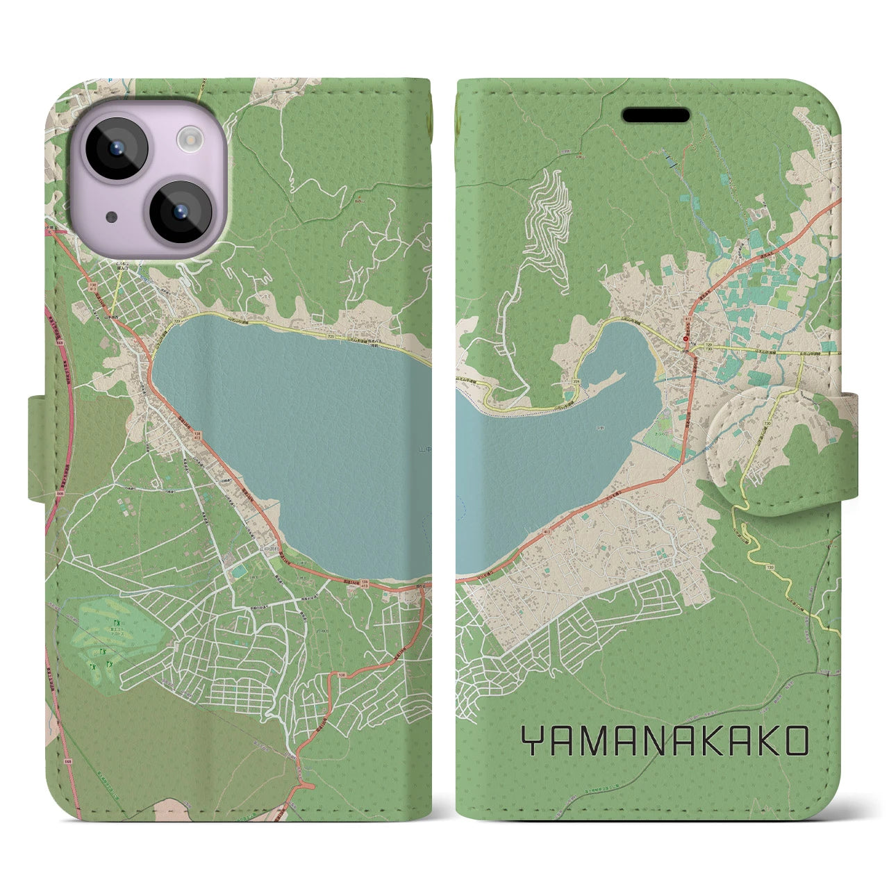 【山中湖(山梨県)】地図柄iPhoneケース(手帳タイプ)ナチュラル・iPhone 14 用