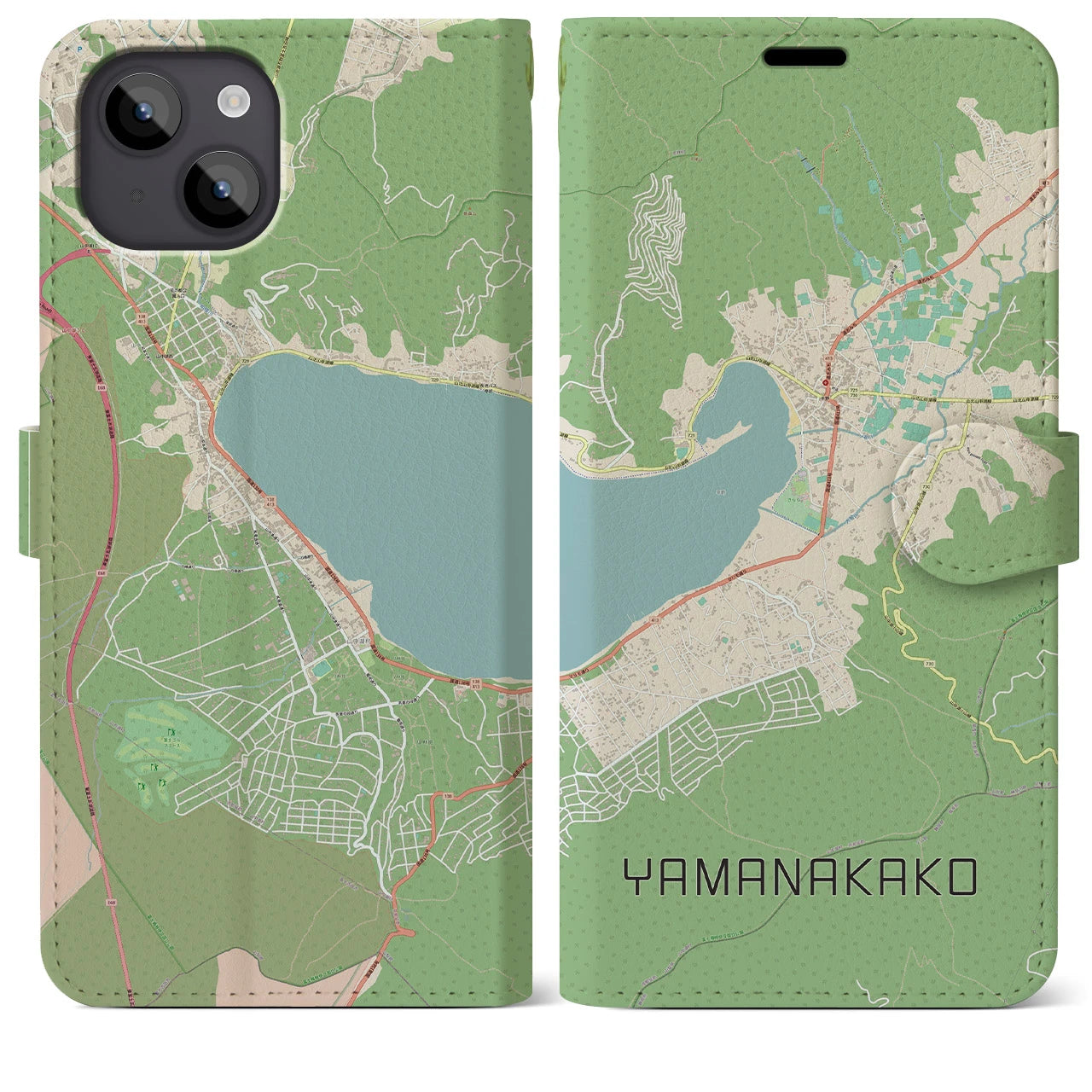 【山中湖(山梨県)】地図柄iPhoneケース(手帳タイプ)ナチュラル・iPhone 14 Plus 用