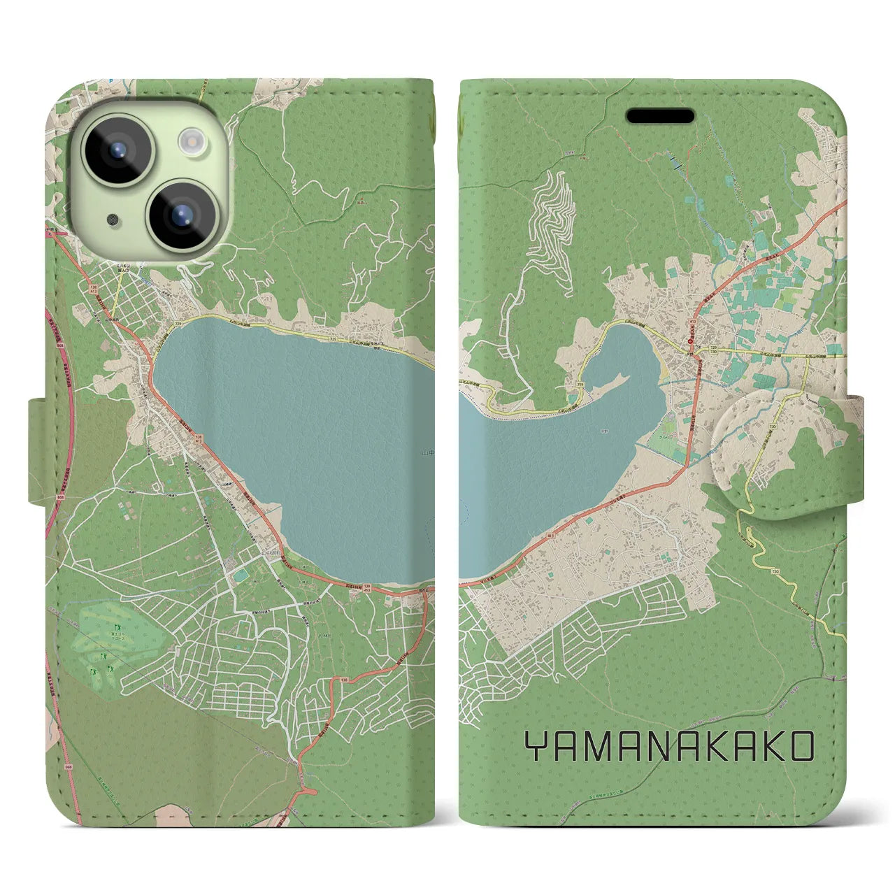 【山中湖(山梨県)】地図柄iPhoneケース(手帳タイプ)ナチュラル・iPhone 15 用
