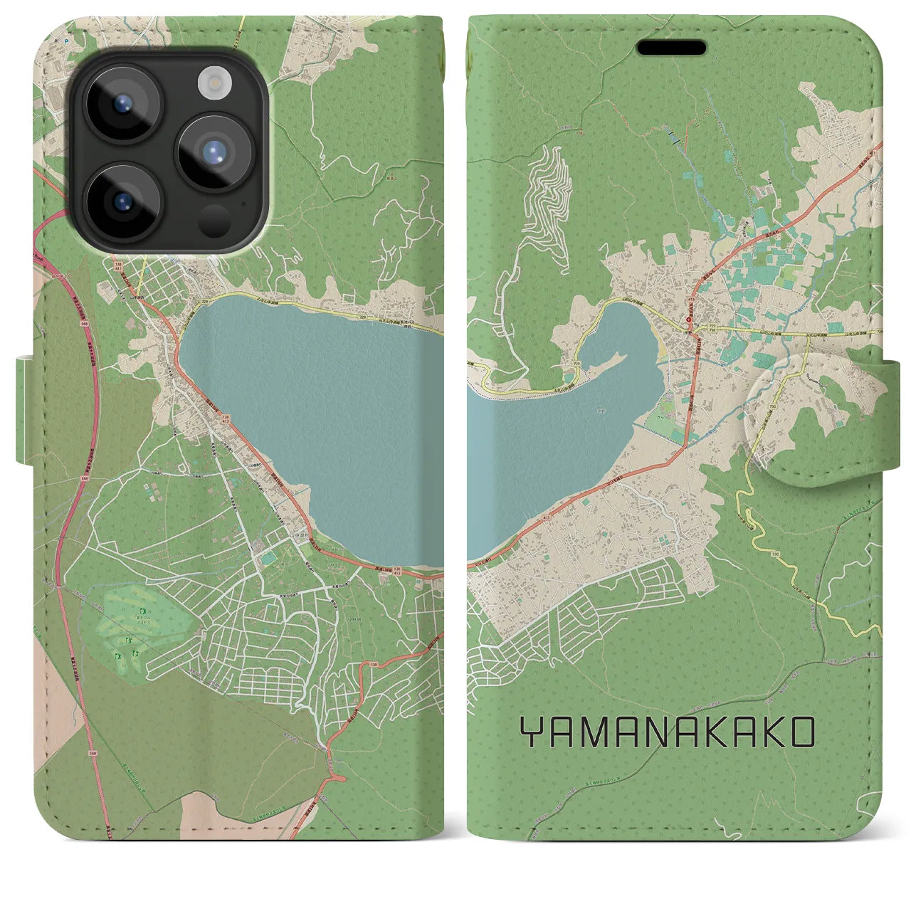 【山中湖(山梨県)】地図柄iPhoneケース(手帳タイプ)ナチュラル・iPhone 15 Pro Max 用