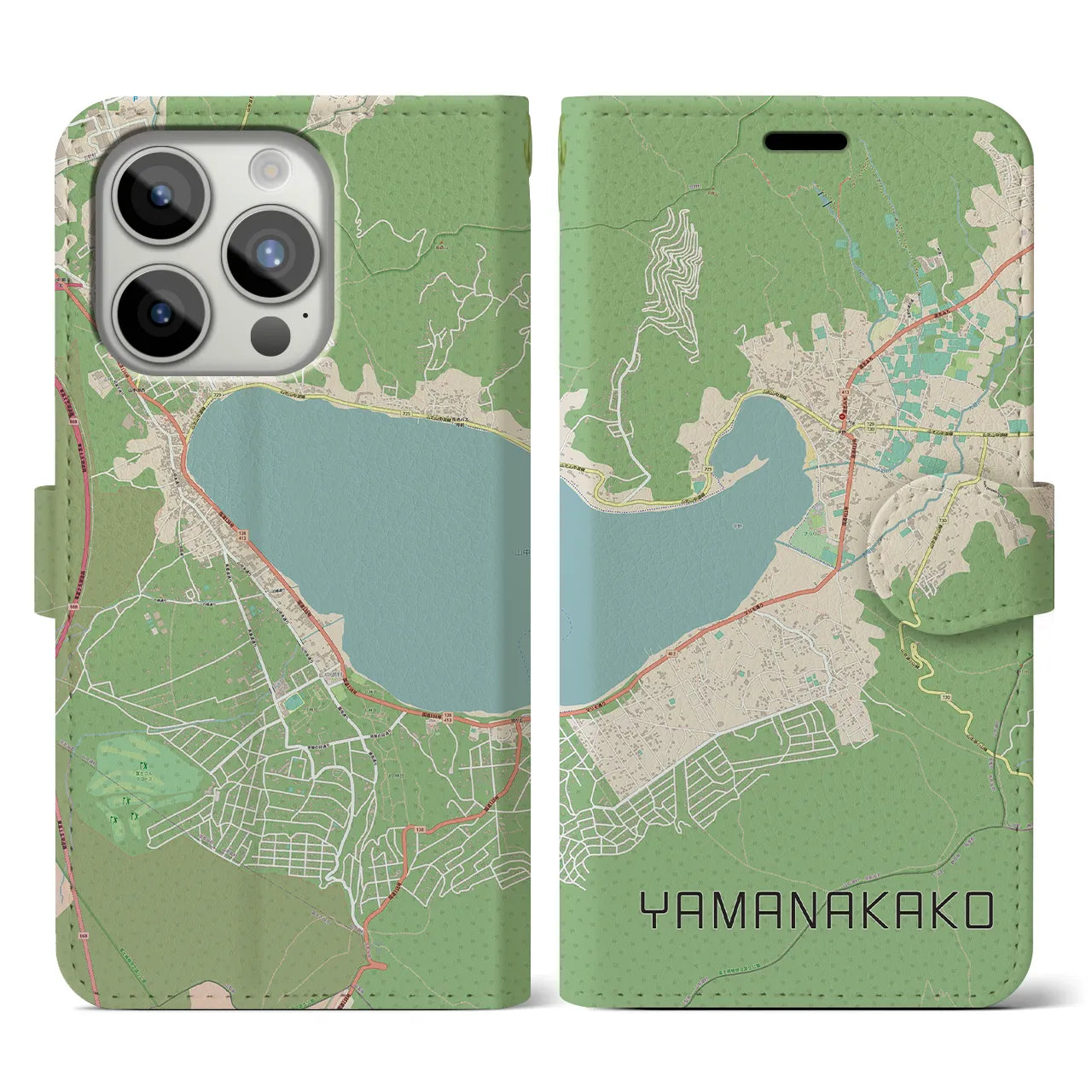 【山中湖(山梨県)】地図柄iPhoneケース(手帳タイプ)ナチュラル・iPhone 15 Pro 用