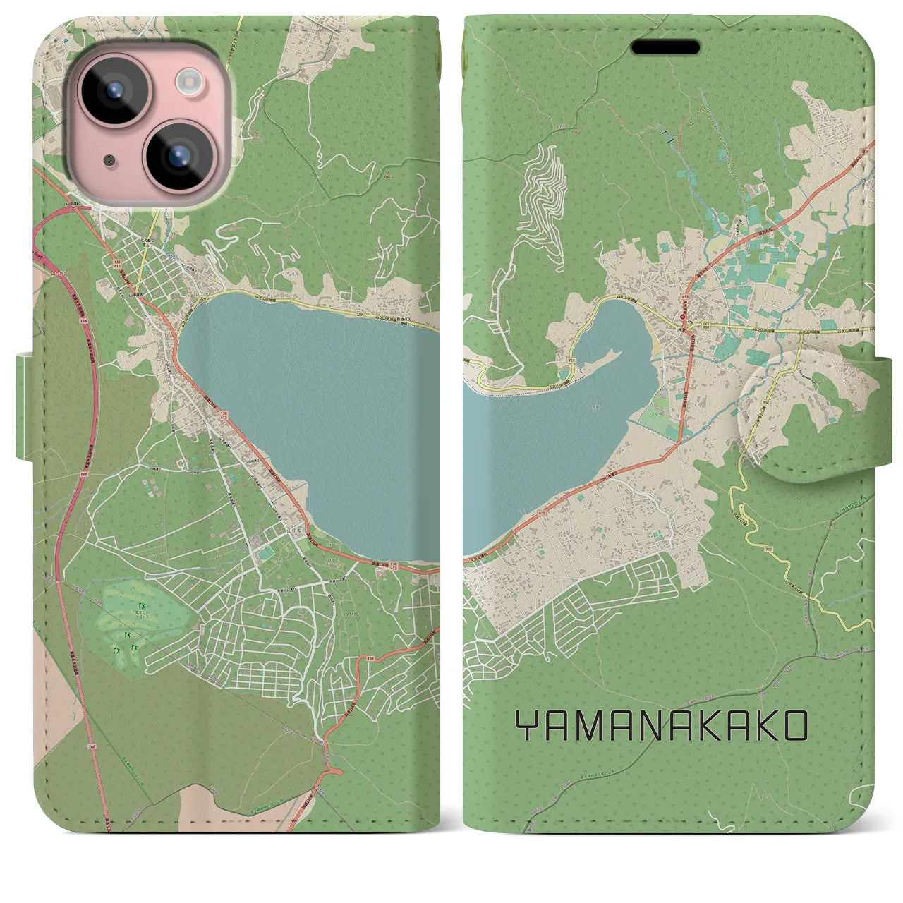 【山中湖(山梨県)】地図柄iPhoneケース(手帳タイプ)ナチュラル・iPhone 15 Plus 用