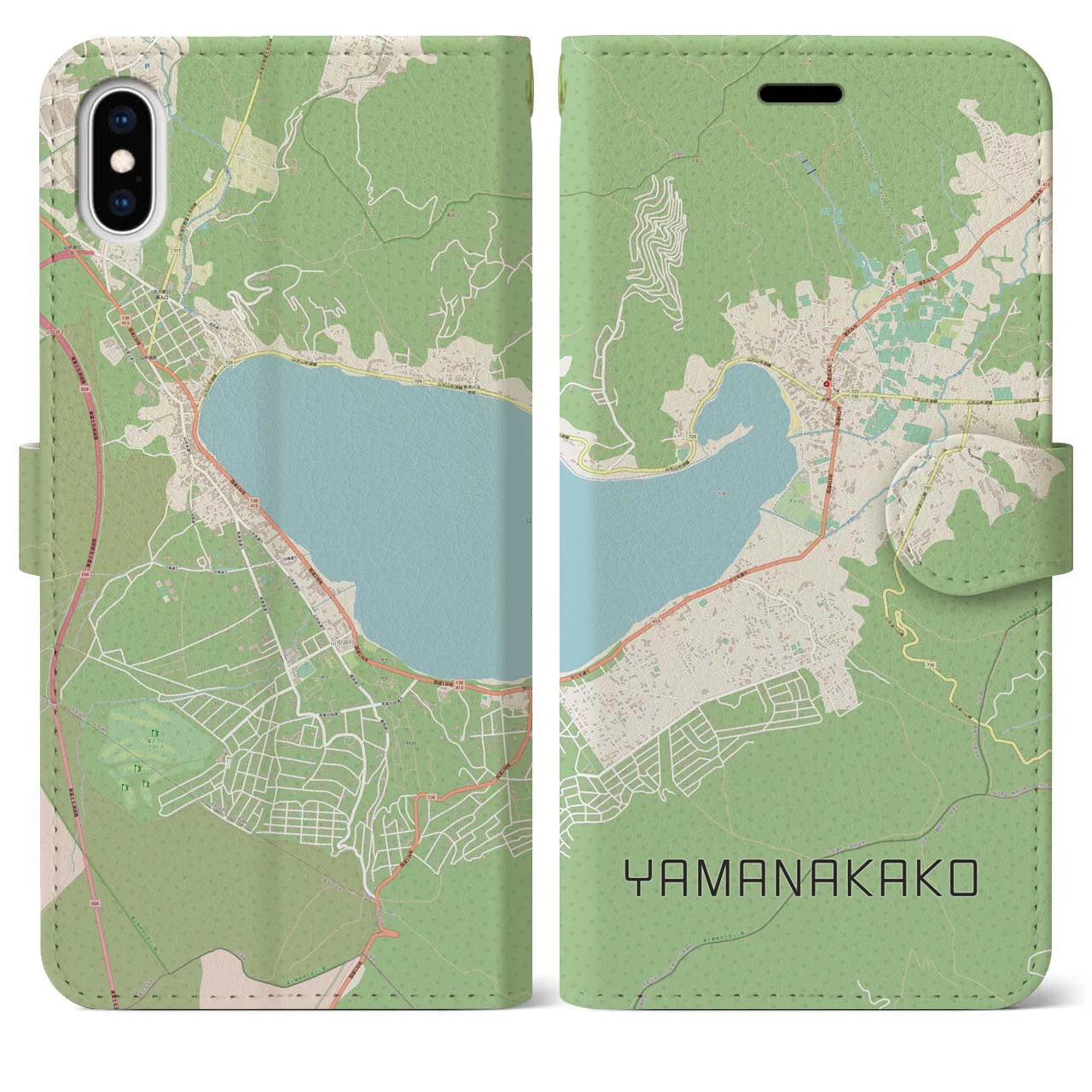 【山中湖(山梨県)】地図柄iPhoneケース(手帳タイプ)ナチュラル・iPhone XS Max 用