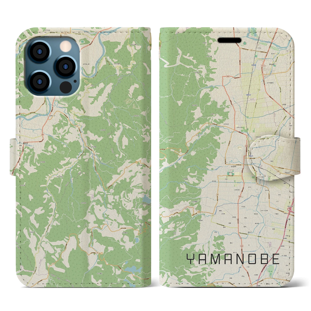 【山辺(山形県)】地図柄iPhoneケース(手帳タイプ)ナチュラル・iPhone 12 / 12 Pro 用