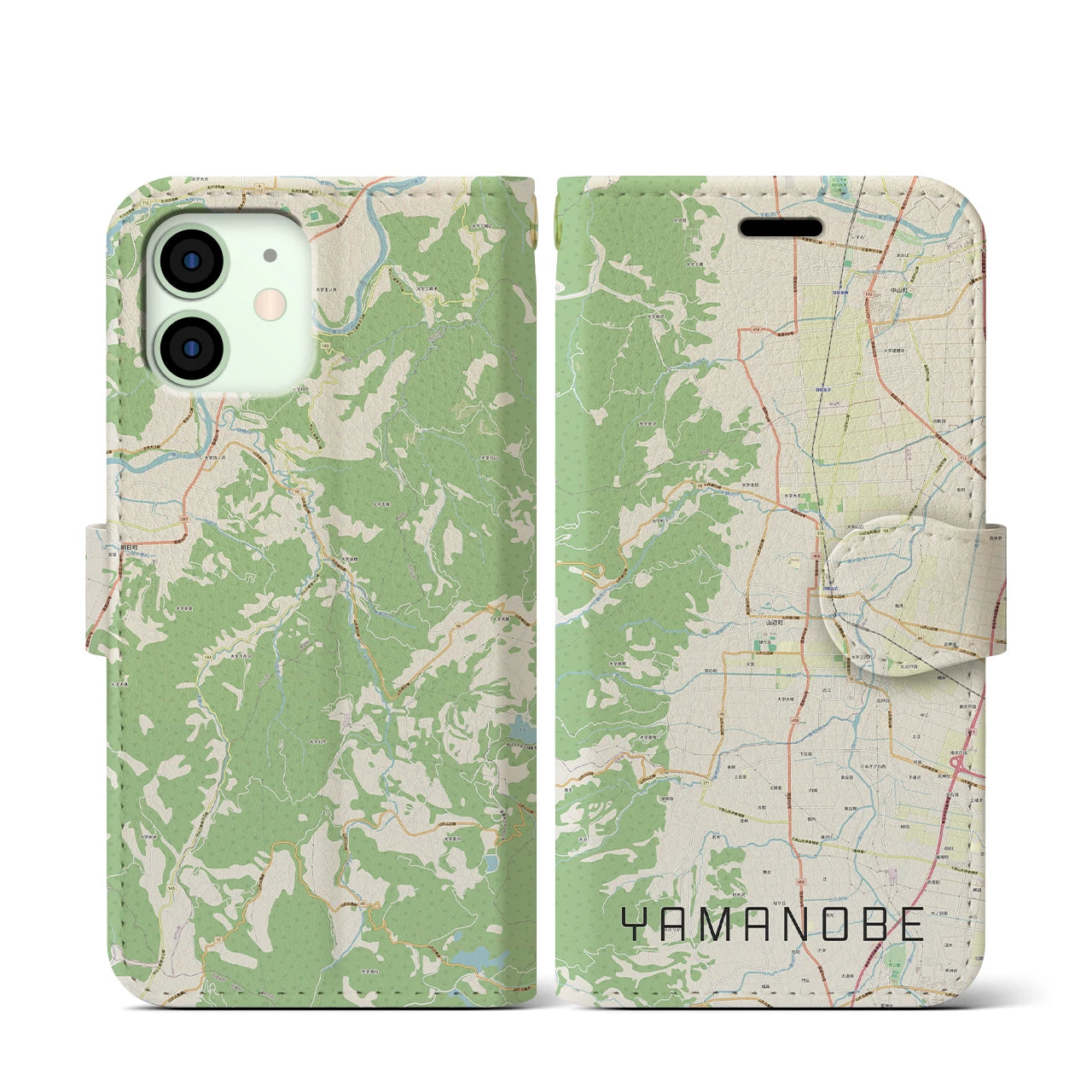 【山辺(山形県)】地図柄iPhoneケース(手帳タイプ)ナチュラル・iPhone 12 mini 用